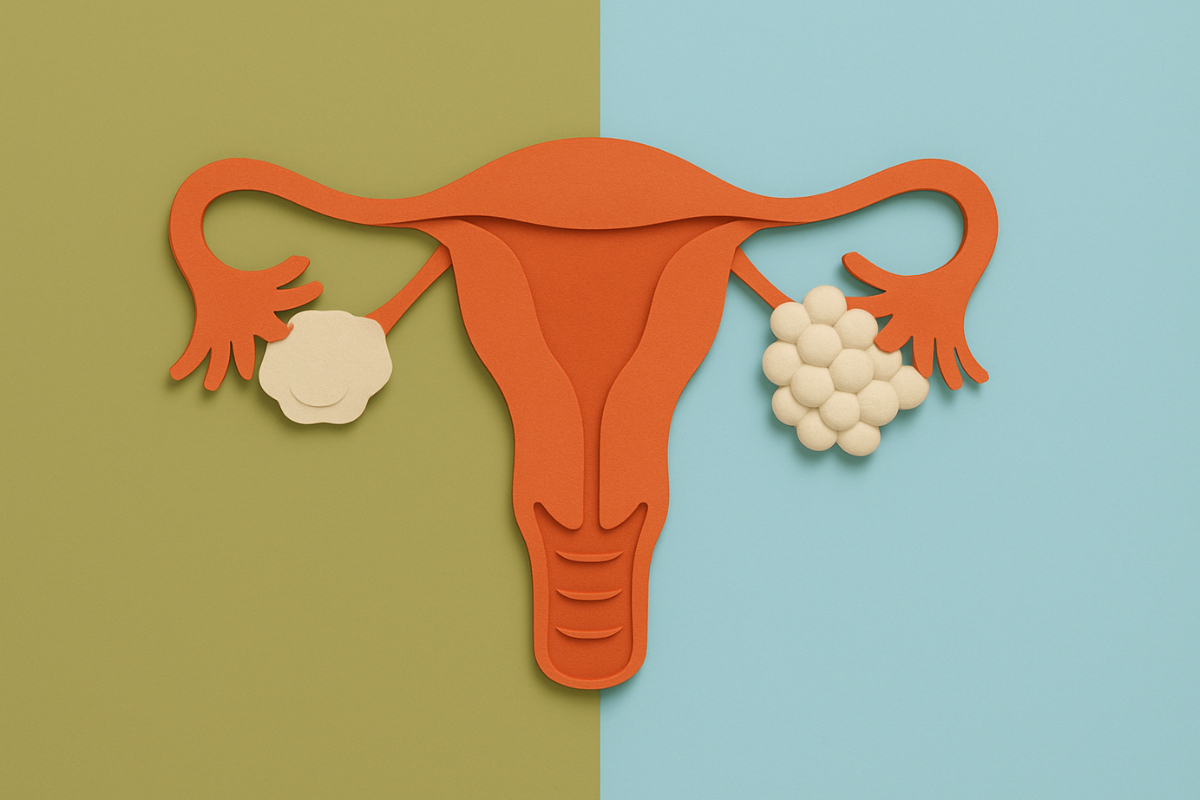 Paper cutout of female reproductive system showing multiple cysts on one ovary.