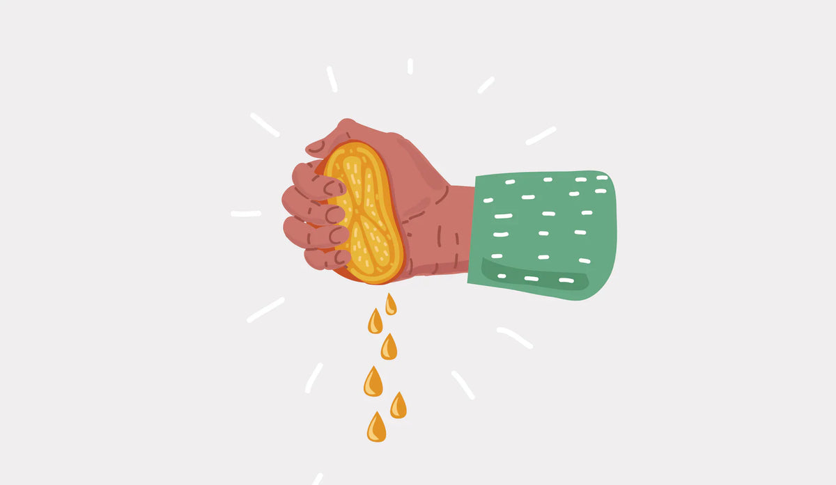 An illustration of a hand squeezing an orange tightly