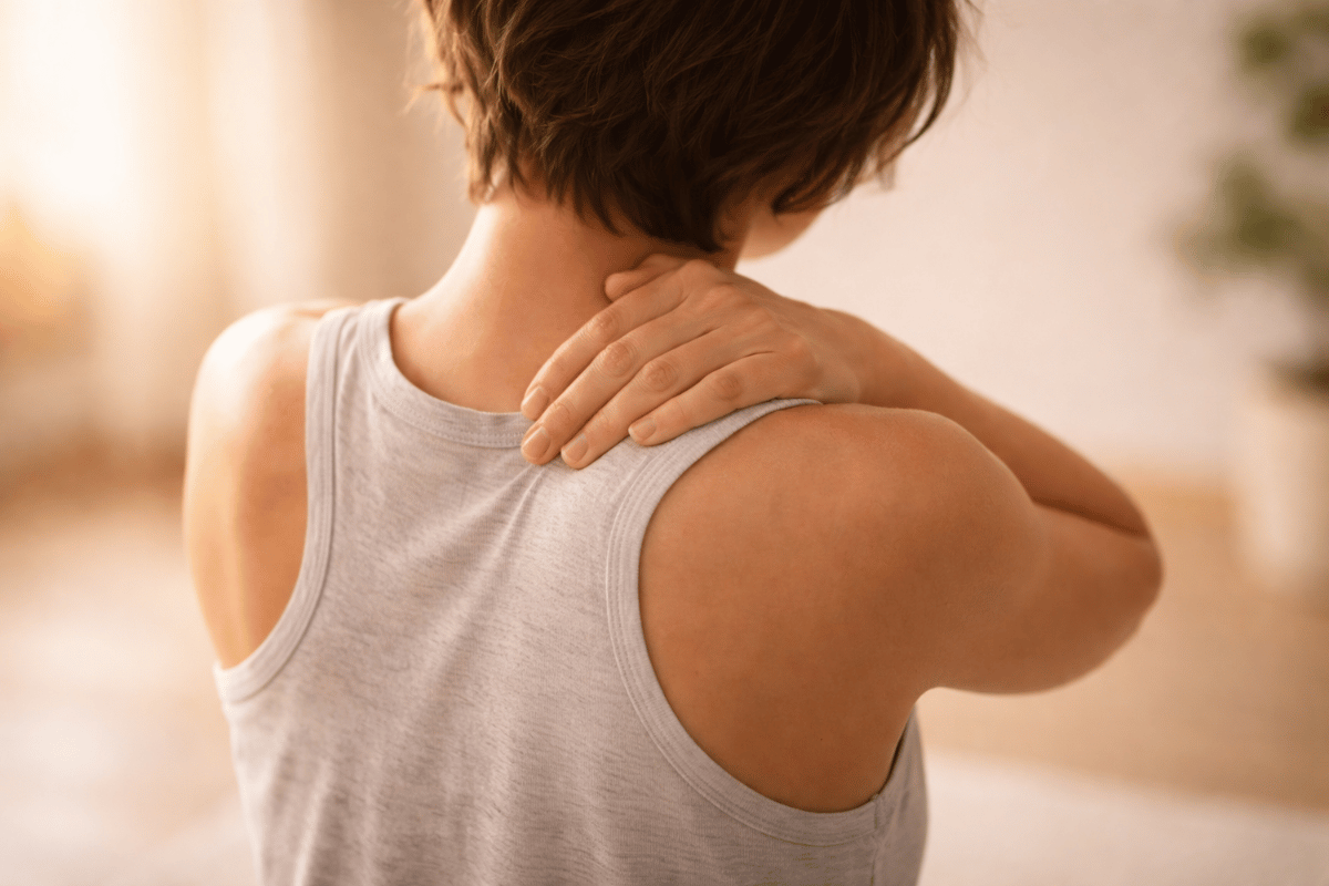 A person seen from behind holding their neck/shoulder in discomfort